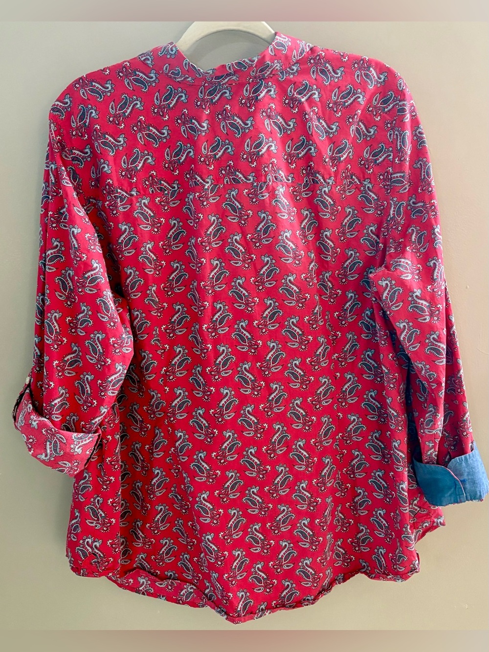 Talbots 18W Red Paisley Casual Button-Down Shirt with Blue Contrast Details - Picture 3 of 4